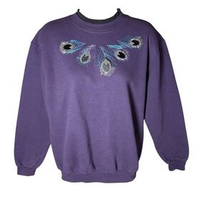 Vintage Morning Sun Women’s Purple Peacock Feather Sweatshirt Size Medium EUC